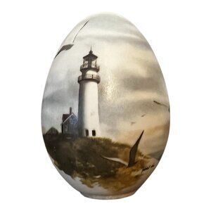Hand-Painted By Denise Patchell Olson Lighthouse Coastal Egg  3" T Collectible